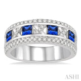 3x3 MM Princess Cut Sapphire and 3/8 Ctw Round Cut Diamond Ring in 14K White Gold