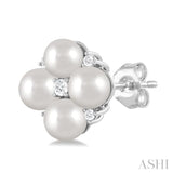 1/10 ctw Floral 4X4MM Cultured Pearls and Round Cut Diamond Fashion Stud Earring in 10K White Gold