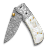 Luxury Giftware Damascus Steel 256 Layer Folding Blade Mother of Pearl Handle Knife with Leather Sheath and Wooden Gift Box