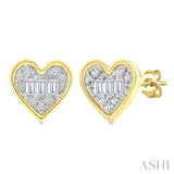 1/5 Ctw Petite Bezel Set Heart Shape Fusion Baguette and Round Cut Diamond Fashion Stud Earrings in 10K Yellow Gold