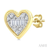 1/5 Ctw Petite Bezel Set Heart Shape Fusion Baguette and Round Cut Diamond Fashion Stud Earrings in 10K Yellow Gold