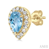 5x3 MM Pear Shape Aquamarine and 1/8 Ctw Round Cut Diamond Halo Semi-Precious Stud Earrings in 10K Yellow Gold