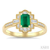 1/3 Ctw Art Deco 6X4MM Emerald, Baguette and Round Cut Diamond Precious Fashion Ring in 14K Yellow Gold
