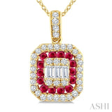 1/4 Ctw Octagonal Shape 1.45MM Ruby, Baguette and Round Cut Diamond Precious Fusion Pendant With Chain in 14K Yellow Gold