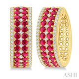 3/4 Ctw 2.00MM Round Cut Ruby and Round Cut Diamond Precious Hoop Earrings in 14K Yellow Gold
