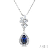 6X4MM Pear Cut  Sapphire, Round and 1/4 Ctw  Baguette Cut Scatter Diamond Precious Fashion Pendant With Chain in 10K White Gold