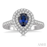 7x5 MM Pear Shape Sapphire and 1/2 Ctw Round Cut Diamond Precious Ring in 14K White Gold