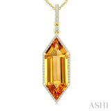 22X8 MM Evoque Gemstone Hexagon Shape Citrine and 1/4 Ctw Round Cut Diamond Semi-Precious Pendant With Chain in 14K Yellow Gold