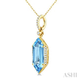 16X6 MM Evoque Gemstones Hexagon Shape Blue Topaz and 1/10 Ctw Round Cut Diamond Semi-Precious Pendant With Chain in 10K Yellow Gold