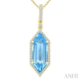 16X6 MM Hexagon Shape Blue Topaz and 1/5 Ctw Round Cut Diamond Semi-Precious Pendant With Chain in 10K Yellow Gold