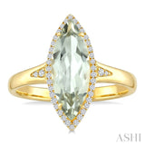 16X7 MM Evoque Gemstone Marquise Shape Green Amethyst and 1/6 Ctw Round Cut Diamond Semi-Precious Ring in 10K Yellow Gold