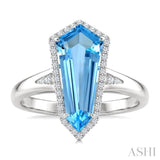 16X7 MM Evoque Gemstones Shield Shape Blue Topaz and 1/6 Ctw Round Cut Diamond Semi-Precious Ring in 10K White Gold