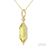 16X6 MM Evoque Gemstones Hexagon Shape Lemon Quartz and 1/5 Ctw Round Cut Diamond Semi-Precious Pendant With Chain in 10K Yellow Gold