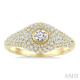 1 1/10 Ctw Pave Set Round Shape and Round Cut Diamond Fashion Signet Ring in 14K Yellow Gold