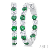 2.4 MM Round Shape Emerald and 5/8 Ctw Interior & Exterior Round Cut Diamond Precious Hoop Earrings in 14K White Gold