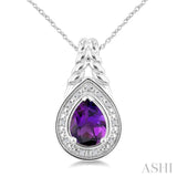 9X6MM Pear Cut Amethyst and 1/20 Ctw Round Cut Diamond Semi-Precious Pendant With Chain in Sterling Silver