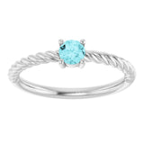 14K White Gold 4 mm Natural Blue Zircon Solitaire Rope Ring