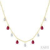 6X4 MM Pear Shape Ruby and 1 Ctw Pear Cut Diamond Precious Station Necklace in 14K Yellow Gold
