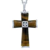 0.13ct 14k White Gold Diamond & Tiger's Eye Cross Necklace