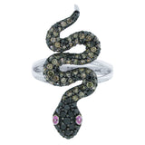 1.26ct Black & Champagne Diamond & 0.06ct Pink Sapphire 14k White Gold Snake Ring