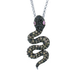 1.26ct Black & Champagne Diamond & 0.06ct Pink Sapphire 14k White Gold Snake Pendant