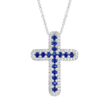 0.21ct Diamond & 0.44ct Blue Sapphire 14k White Gold Cross Necklace