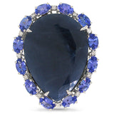 0.12ct Diamond & 27.00ct Flat Rose Cut Blue Sapphire & Tanzanite 18k White Gold Ring