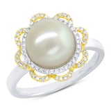 0.19ct Diamond and 1.34ct Fresh Water Pearl 14k Two-tone Gold Flower Ring