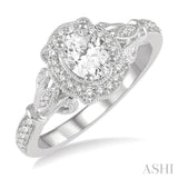 5/8 Ctw Lattice Shank Oval and Round Cut Diamond Ladies Engagement Ring with 3/8 Ct Oval Cut Center Stone in 14K White Gold