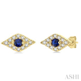 2.0 MM Round Cut Sapphire and 1/10 Ctw Evil Eye Round Cut Diamond Precious Petite Fashion Earrings in 14K Yellow Gold