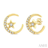 1/10 Ctw Crescent Moon and Star Round Cut Petite Diamond Fashion Stud Earrings in 10K Yellow Gold
