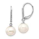 14k White Gold 8-9mm White Round Freshwater Cultured Pearl and .05 Carat Diamond Dangle Leverback Earrings