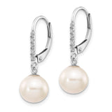 14k White Gold 8-9mm White Round Freshwater Cultured Pearl and .05 Carat Diamond Dangle Leverback Earrings