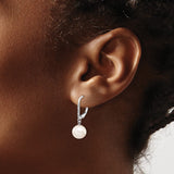 14k White Gold 8-9mm White Round Freshwater Cultured Pearl and .05 Carat Diamond Dangle Leverback Earrings