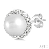 5.5 MM Round Shape Cultured Pearls and 1/8 Ctw Petite Round Cut Diamond Halo Fashion Stud Earrings in 10K White Gold
