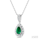6X4 MM Pear Cut Emerald and 1/4 Ctw Round Cut Diamond Precious Pendant With Chain in 14K White Gold