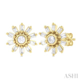 1/4 Ctw Petite Wheel Baguette and Round Cut Diamond Fashion Stud Earrings in 10K Yellow Gold