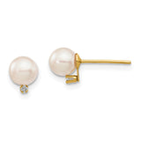 14k 5-6mm White Round Akoya Saltwater Cultured Pearl and .02 Carat Diamond Post Earrings