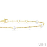 3 MM Round Shape Cultured Pearl and 1/20 Ctw Round Cut Diamond Fashion Station Bracelet in 14K Yellow Gold