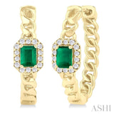 1/6 Ctw Curb Chain Inspired Octagonal Centerpiece 4X3 MM Emerald and Round Cut Diamond Precious Fashion Hoop Earring in 10K Yellow Gold