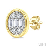 1/5 Ctw Petite Bezel Set Oval Shape Fusion Baguette and Round Cut Diamond Fashion Stud Earrings in 10K Yellow Gold
