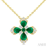 4X3MM Pear and 2MM Round Emerald and 1/6 ctw Round Cut Diamond Floral Blossom Precious Necklace in 14K Yellow Gold