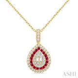 1/4 Ctw Pear Shape 1.25 MM & 1.45 MM Ruby, Baguette and Round Cut Diamond Precious Pendant With Chain in 14K Yellow Gold