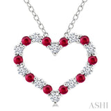 1.4 MM Round Cut Ruby and 1/8 Ctw Open Heart Round Cut Diamond Precious Fashion Pendant With Chain in 14K White Gold