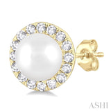 4.5 MM White Cultured Pearl and 1/8 Ctw Round Cut Diamond Halo Stud Earrings in 10K Yellow Gold
