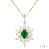 7x5 MM Oval Cut Emerald and 1 Ctw Pear & Round Cut Diamond Precious Pendant With Chain in 14K Yellow Gold