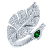 0.85ct Diamond & 0.25ct Created Emerald 14k White Gold Leaf Ring