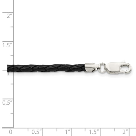 Sterling Silver 20inch 3mm Black Leather Braided Necklace