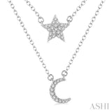 1/6 Ctw Star & Moon Charm Round Cut Diamond Layered Pendant With Link Chain in 10K White Gold