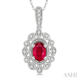 1/8 Ctw Lattice Round Cut Diamond & 6x4MM Oval Cut Ruby Precious Pendant With Chain in 10K White Gold